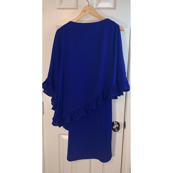 Joseph Ribkoff Sapphire Blue Ruffled Trim Draped Overlay Sheath Dress Size 2 - Picture 5 of 7
